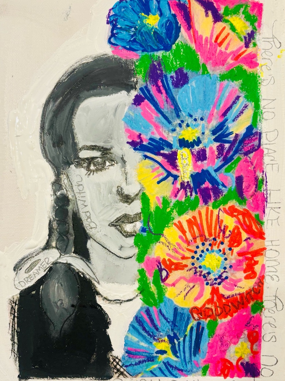 Contemporary Mixed-Media Portrait Wall Art in Blue, Pink & Green